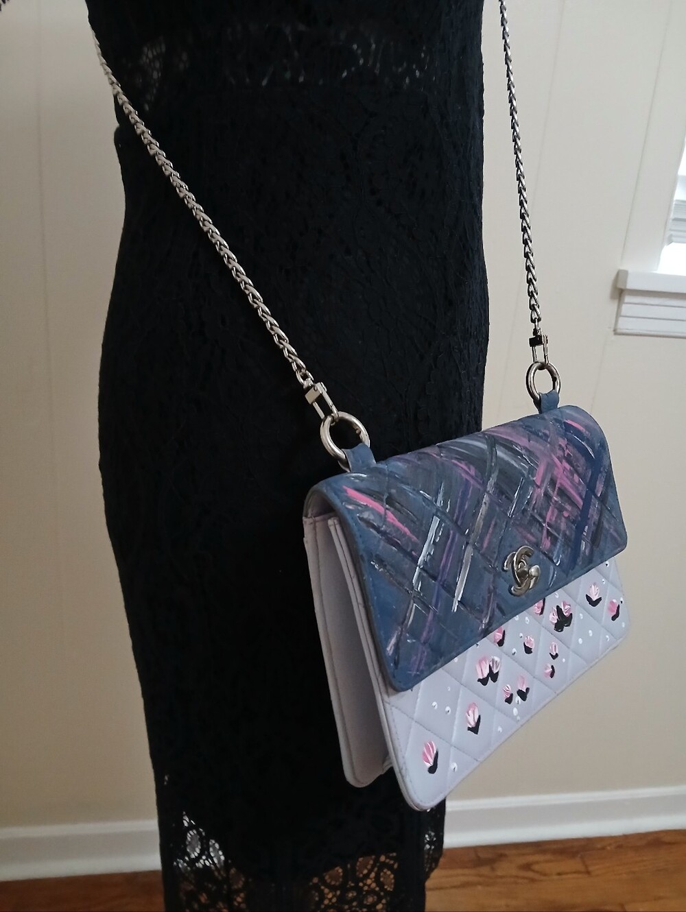 Chanel Two-Tone Quilted Flap Bag with Painted Floral Detail - Picture 5 of 16